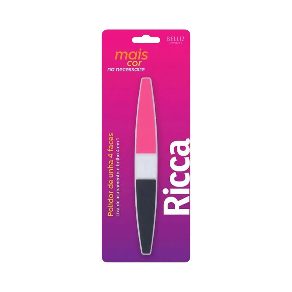 Lixa Ricca Polidor de Unhas 4 Faces 722 em embalagem retangular com fundo rosa e roxo